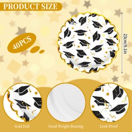 FYSUIMU 40 Pcs 2025 Graduation Hat Paper Plates Gold Foil Grad Cap Disposable Plates 9 Inch Congrats Grad Scalloped Party Tableware for Class of 2025 College High School Graduates Table Decor Supplies