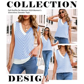 MARZXIN Women Sleeveless Sweater V Neck Casual 2025 Knitted Chevron V Neck Sweater Vest Color Block Pullover Sweater Top Blue S