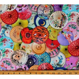 Robert Kaufman Cotton Parasols Umbrella Tops Asian Geishas Cranes Fabric Print by Yard D775.15