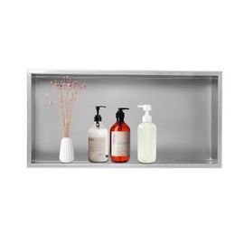 LINISHOP Bathroom Shower Shelf Stainless Steel Shower Storage Shelf Wall-Mounted Caulk in Bathroom Shelf Organizer Rectangle Recessed Niche Storage (Silver Gray, 24" x 12")