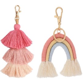 BOBOZHONG Pack of 2 Boho Rainbow Key Chains, Macrame Weave, Tassel Bag Charm, Handmade, Pink, Rainbow, Female, Children, Adults, Fashionable Individuals
