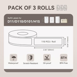 NIIMBOT 3 Rolls Labels for D11/D110/D101/H1S, Thermal Printer Labels 0.55" x 2.36"(14x60mm), NIIMBOT Labels for Logo/Jar Label/Home/Kitchen(White)
