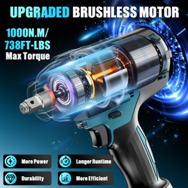 HECUSAM 1/2" Cordless Impact Wrench, 1000N.m (740Ft-lbs) Brushless Impact Gun, 2x4.0Ah Batteries, Max 2700RPM with Reverse Auto-Stop & LED Light for Car Truck Lug Nuts, Auto Repair, Industrial & DIY