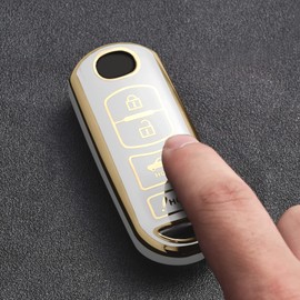 ELOHEI for Mazda Key Fob Cover Case, Compatible with Mazda 3 6 8 Miata MX-5 CX-3 CX-4 CX-5 CX-7 CX-9 3-Buttons Premium Soft TPU 360 Degree Full Protection Key Shell(Gold Edge White (4 Button))
