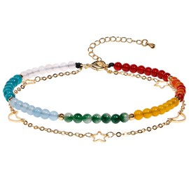 XHUUU Layered 7 Chakra Star and Moon 14k Gold Plated Ankle Bracelets for Women Spiritual Calming Beaded Anklet Adjustable Rainbow Beach Foot Jewelry Gifts