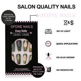 Press on Nails Medium Coffin OFDNE Dark Green Fake Nails False Nails with Designs Rhinestones Clock Gradient Glossy Glue on Nails Stick on Nails Acrylic Nails for Women Girls 24 Pcs