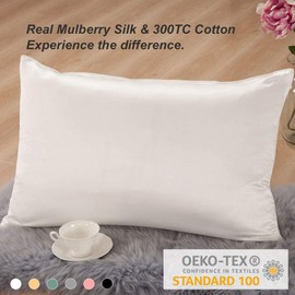 THXSILK 100% Mulberry Silk Pillowcase with Cotton Underside - King Size 20"x36", White