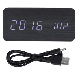 LED Wooden Alarm Clock Electronic Voice Control Temperature Date Table Digital Clocks Rectangular Black Wood White Lamp