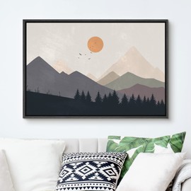 SIGNFORD Framed Canvas Print Wall Art Pastel Watercolor Mountain Ranges Nature Wilderness Illustrations Modern Art Decorative Boho Minimal Relax/Zen for Living Room, Bedroom, Office - 24"x36" Black