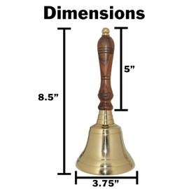 Large School Bell, Polished Brass Metal Handbell, Gold Color with Brown Wooden Handle - Measures 3.75 Inches Wide and 8.5 Inches Tall by SciencePurchase