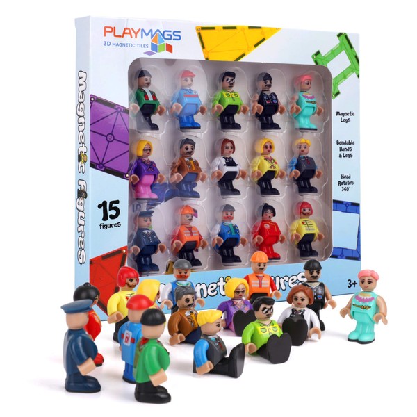 Playmags Magnetic Figures-Community Figures Set of 15 Pieces - Play People Perfect for Magnetic Tiles - STEM Learning Toys Children - Magnetic Tiles Expansion Pack- Compatible w Other Brands