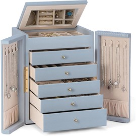 Dajasan - Caja grande organizadora de joyas con espejo, organizador de almacenamiento de joyas con 5 cajones, caja de regalo de 6 niveles para mujeres, niñas, amigos, esposa o madre, idea de regalo