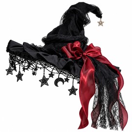 Lace Velvet Witch Hat for Halloween Costumes – Gothic Moon Pendant and Lace Trim for Masquerade Parties and Cosplay