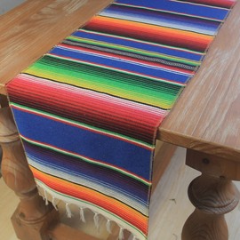 Mexican Serape Table Runner for Mexican Theme Party, Cinco de Mayo Fiesta Party, Day of Death Decorations, Falsa Classic Striped Fringe Pattern Cotton Blanket, Royal Blue,14x84 inches