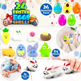 LINAYE 24 Packs Prefilled Easter Eggs with Toys Inside - Pre Filled Stuffed Easter Eggs with Pull-Back Cars, Mochi Toys for Egg Hunt, Basket Stuffers Gifts for Kids
