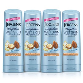Jergens Wet Skin Body Moisturizer with Restoring Argan Oil, 4X Healthier Looking Skin, Fast-Absorbing, Non-Greasy, Dermatologist Tested, 10 Oz, Pack of 4