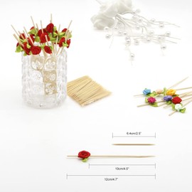 Minisland Red Rose Flower Cocktail Picks, 4.7 Inch Long Bamboo Fancy Toothpicks for Appetizers, Decorative Bridal Wedding Valentines Party Food Drinks Garnish Fruit Skewer Sticks 100 Counts - MSL220