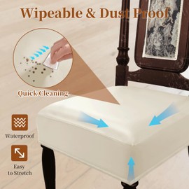 WUSOUPU Waterproof Dining Chair Seat Covers Leather Kitchen Seat Covers, Stain Resistant Stretch Chair Seat Covers for Dining Room Chairs Set of 8, Rear Covered Washable Dining Chair Covers Cream