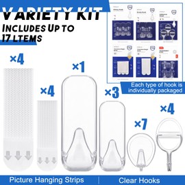 Colingmill 17 Pcs Dorm Clear Variety Adhesive Wall Hook Pack, Including 5 Pairs of Picture Hanging Strips, 3 Clear Wire Hooks and 9 Wall Hooks for College Dorm Bathroom Bedroom Office