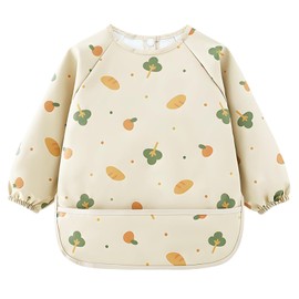 SNONESIY Baby Bib with Sleeves, Waterproof Sleeves, Baby Bib with Long Sleeves, Soft PU Material, Suitable for Babies Aged 0 to 2 Years (Light Brown), brown