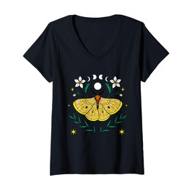 Womens Boho Colorful Lunar Moth w/Moon & Lotus Flowers Nature Vibe V-Neck T-Shirt