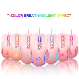 HXSJ X100 Wired Gaming Mouse Ergonomic Gaming Office Mouse 7-color Breathing Light Effect 4-gear Adjustable movement speed Pink