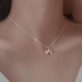 Wendalern Silver Bow Choker Necklace Tiny Bowknot Pendant Necklace Satellite Chain Bow Tie Necklace Trendy Bow Knot Beads Chain Necklace Jewelry for Women Girls