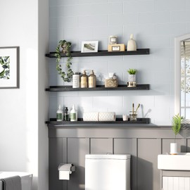 HOOBRO Floating Shelves, Wall Shelf Set of 3, 35.4 Inches Hanging Shelf with Raised Edge and Invisible Brackets, for Bathroom, Bedroom, Kitchen, Office, Living Room Decor, Black BK90BJ01