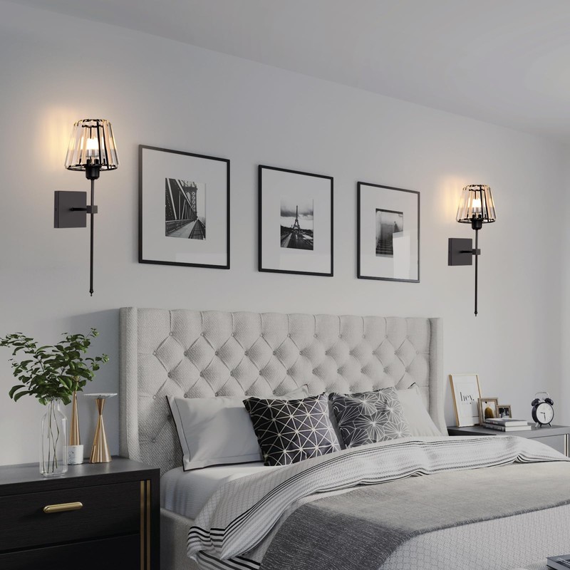 Battery Operated Crystal Wall Sconces Set of 2,Black Rechargeable Wireless