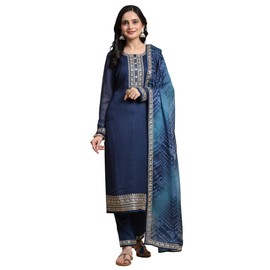 TRENDMALLS Women's Chiffon Embroidery Bandhani Print Salwar Suit Set Kurta Pant with Dupatta (G248-Blue-L)
