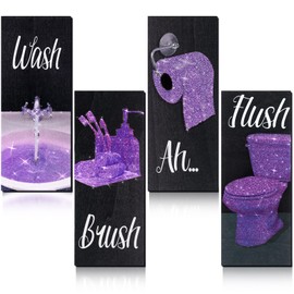 Chinco 4 Pcs Women Funny Wall Art Bathroom Decor 9.84 x 3.94 x 0.2 Inch Glam Bathroom Wall Decor Modern Women Funny Bathroom Wood Hanging Decors for Home Bathroom(Sweet,Purple)