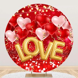 DORCEV Diameter 6.5ft Love Heart Balloons Romantic Round Backdrop Cover Valentine's Day Circle Photography Background Mother's Day Backgrounds for Kids Birthday Party Decor Wedding Photo Booth Props