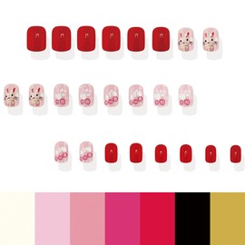 Easter Press On Nails Short Square Cute Bunny Fake Nails with Designs Pink Red False Nails Rabbit Easter Egg Spring Nails Press Ons Full Cover Acrylic Artificial Glue Stick On Nails for Women 24PCS