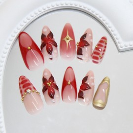 CJDLTS 24Pcs 3D Flower Fake Nail Medium Almond Gold Stars Rhinestones Lines Design Stick on Nails Full Cover Reusable Coffin Press on Nails Artificial Acrylic Fingernails for Women Manicure