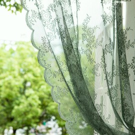 Sutuo Home Olive Green Lace Curtains 63 Inches Long 2 Panels, Sheer Floral Embroidery Ruffled Vintage Window Treatment Pair for Bedroom Kitchen Christmas Decor 1 Pair Set, Rod Pocket, W57 x L63