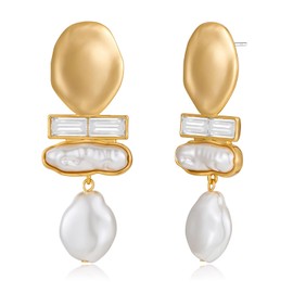 ENSKEFEN Gold Baroque Pearl Drop Earrings for Women with Crystals Vintage Statement Gold Pearl Dangle Earrings Irregular Geometric Pearl Earrings Fashion Jewelry