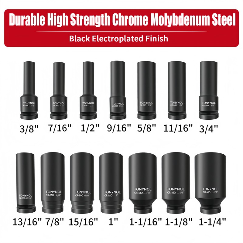 TONYNOL 1/2 Inch Deep Drive Impact Socket Set,6-Point,SAE(3/8" to 1-1/4"),14