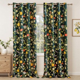 Floral Curtains 100% Blackout, Vintage Hummingbird Black Out Curtain 84 Inches Long, Thermal Insulated Window Drapes 2 Panels, Grommet Room Darkening Curtains for Living Room Bedroom, Dark Green
