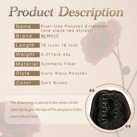 RUWISS Double Use Ponytail Extension 45 cm Claw Clip in Curly Wavy Ponytail Synthetic Hair Extensions for Women Natural Looking Hairpiece for Daily Use