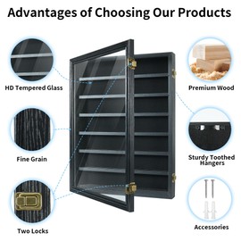 ASmileIndeep Pocket Knife Display Case 7 Rows Lockable Wooden Knife Shadow Box with HD Tempered Glass, Military Folding Knife Cabinet Stand for Wall with Removable Shelves, Black