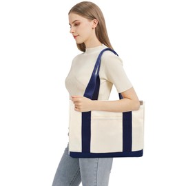 Canvas Tote Bag Casual Multi pockets Handbags Large Capacity Shopping Shoulder Bag with Pocket Bags Work Purses 134 blueL