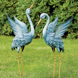 Bits and Pieces - Japanese Blue Heron Metal Sculpture Set - Two Standing Cranes Perfect for Garden Décor - Metal Garden Art, Outdoor Lawn and Patio Décor, Backyard Sculpture, and Decoration