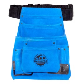 Graintex SS2138 :: 10 Pocket Nail & Tool Pouch Blue Color Suede Leather with 2” Webbing Belt for Constructors, Electricians, Plumbers, Handymen