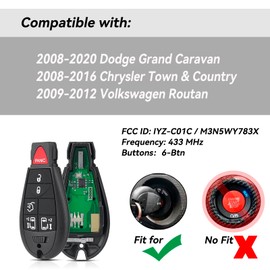 2PCS Keyless Entry Remote Key for Chrysler Town and Country 2008 2009 2010 2011 2012 2013 2014 2015 2016 Dodge Grand Caravan 2017 2018 2019 2020 Remote Fob Replacement FCC ID: IYZ-C01C / M3N5WY783X