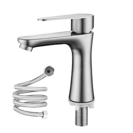 ZOYDP Cold Water Tap, Cold Water Tap with 60 cm Connection Hose, Brushed Bathroom Tap, Stainless Steel Tap, Washbasin Tap, Cold Water Tap Only for Bathroom, Guest Toilet