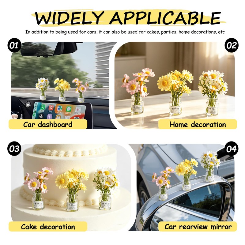 VBGURR 3Pcs Mini Daisy Car Decor Set, Cute Dashboard Ornaments
