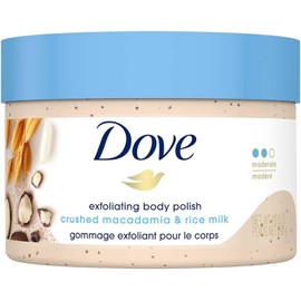 Dove, Exfoliating Body Polish, Macadamia and Rice Milk, Exfoliante Corporal, Macadamia y Leche de Arroz, Piel Suave y Nutrida, Sin Sulfatos, 298 gramos