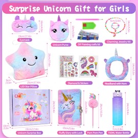 Cherry Tale Unicorn Gifts for Girls Age 4 5 6 7 8 9 10, Girls Toys Birthday Set with Light Up Plush Pillow Diary DIY Water Bottle Kits for Kids 3-12 Year Old