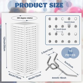 Geelin Rotating Countertop Display Kit with 16 Peg Hooks Four Sided Pegboard Spinner Organizer 4 x 4 x 12 Inches Retail Display Racks Revolving Metal Countertop for Keychain Supplies(White)