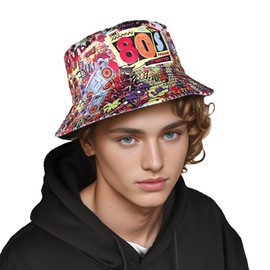 Eigso Retro 80s Theme Bucket Hats for Women Men Hip Hop Rock Scrawl Fishing Hat for Woman Man, A2: 80s theme red